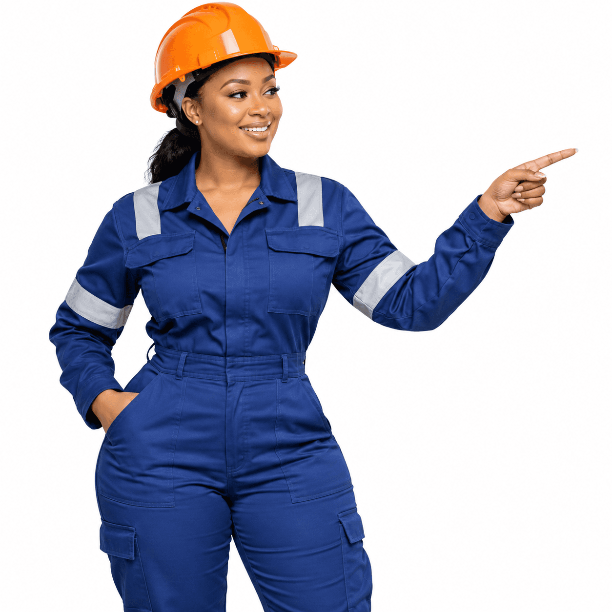 Woman in safety clothing pointing towards the company timeline