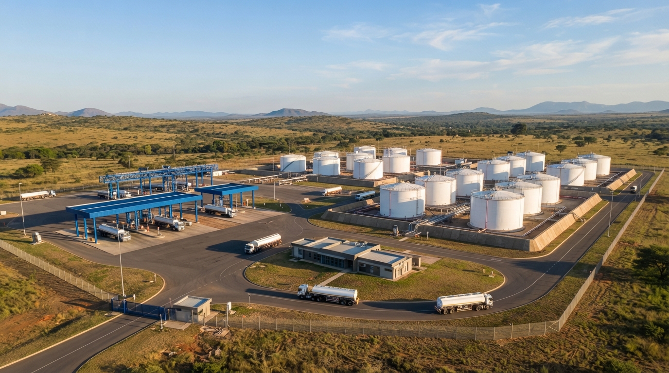 Aerial view of a petroleum terminal with storage tanks and loading bays