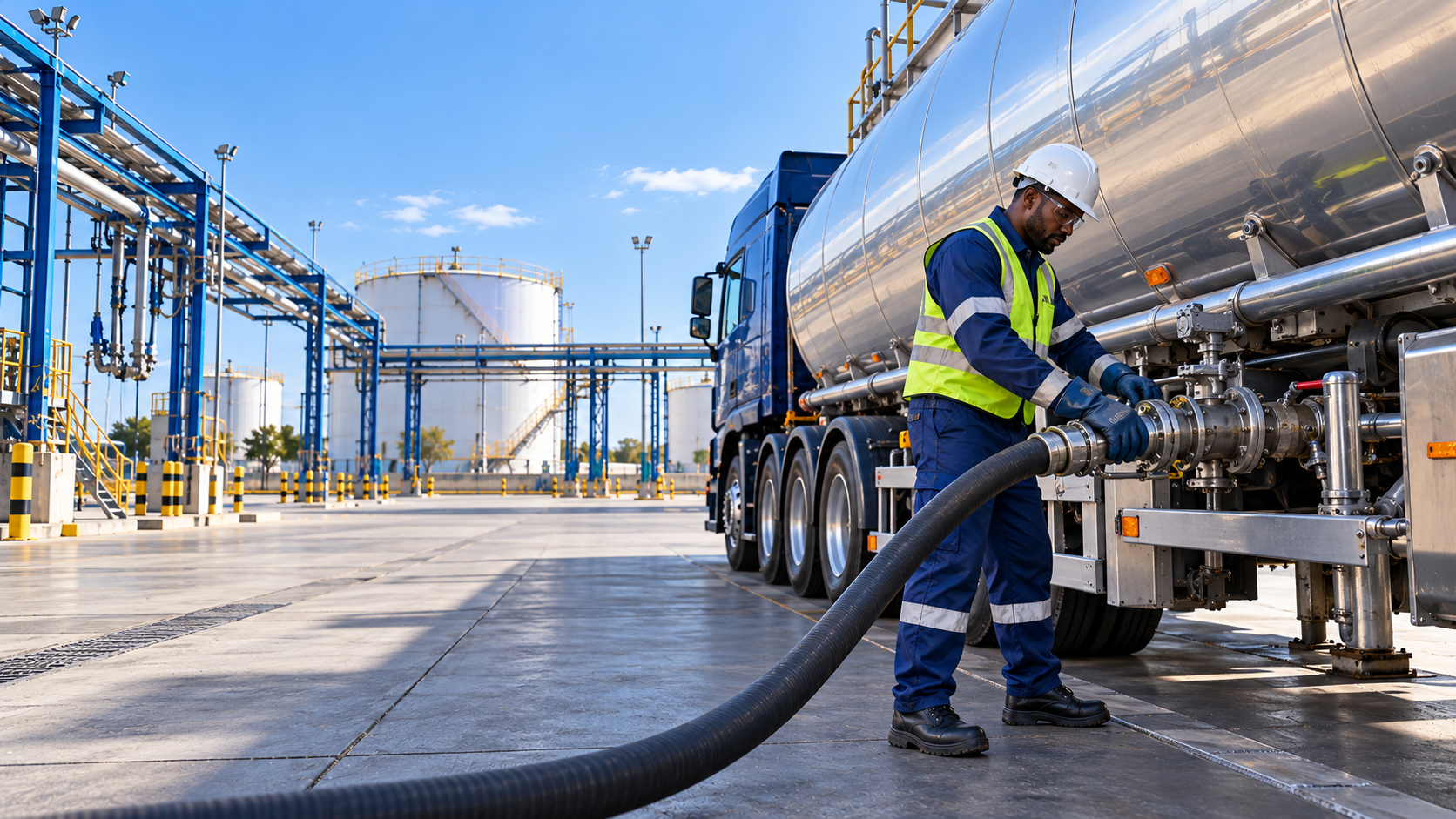 Operator connecting a fuel hose to a tanker at a petroleum terminal