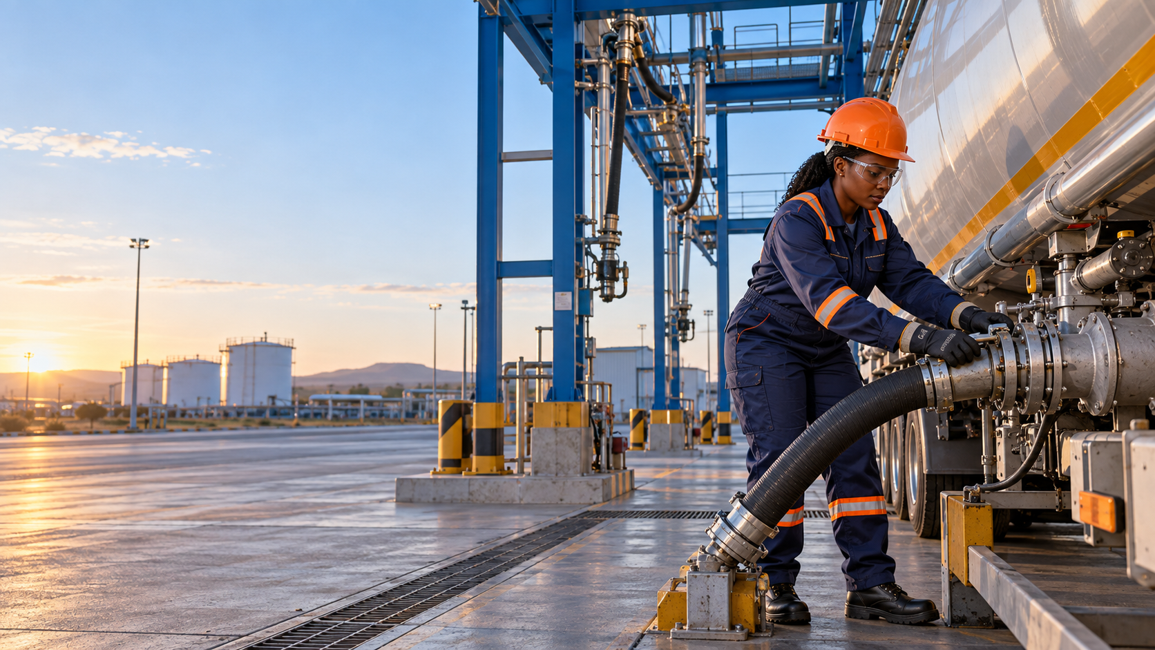 Female operator handling a tanker fuel connection at sunset